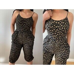 Vtg 70s Joseph Magnin strappy tank pant suit bubble cropped hem gold‎ black XS